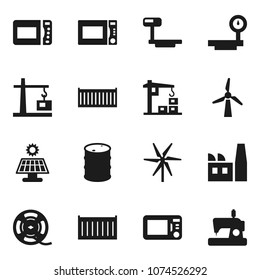 Flat vector icon set - microwave oven vector, sea container, oil barrel, big scales, film spool, solar panel, windmill, construction crane, factory, sewing machine