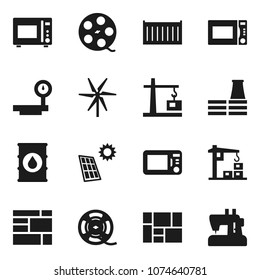 Flat vector icon set - microwave oven vector, sea container, consolidated cargo, oil barrel, big scales, film spool, solar panel, windmill, construction crane, factory, sewing machine