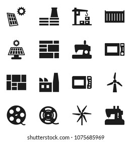 Flat vector icon set - microwave oven vector, sea container, consolidated cargo, film spool, solar panel, windmill, construction crane, factory, sewing machine