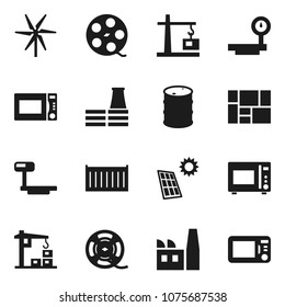 Flat vector icon set - microwave oven vector, sea container, consolidated cargo, oil barrel, big scales, film spool, solar panel, windmill, construction crane, factory