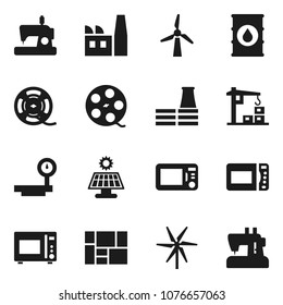 Flat vector icon set - microwave oven vector, consolidated cargo, oil barrel, big scales, film spool, solar panel, windmill, construction crane, factory, sewing machine