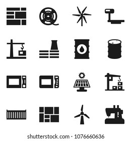 Flat vector icon set - microwave oven vector, sea container, consolidated cargo, oil barrel, big scales, film spool, solar panel, windmill, construction crane, factory, sewing machine