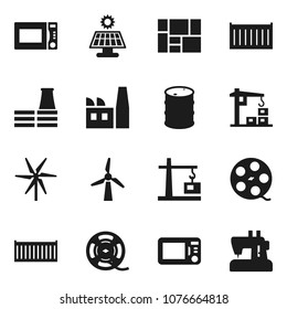 Flat vector icon set - microwave oven vector, sea container, consolidated cargo, oil barrel, film spool, solar panel, windmill, construction crane, factory, sewing machine