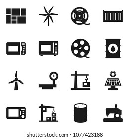 Flat vector icon set - microwave oven vector, sea container, consolidated cargo, oil barrel, big scales, film spool, solar panel, windmill, construction crane, sewing machine