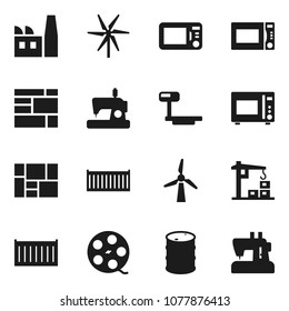 Flat vector icon set - microwave oven vector, sea container, consolidated cargo, oil barrel, big scales, film spool, windmill, construction crane, factory, sewing machine