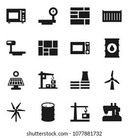 Flat vector icon set - microwave oven vector, sea container, consolidated cargo, oil barrel, big scales, solar panel, windmill, construction crane, factory, sewing machine