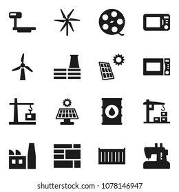 Flat vector icon set - microwave oven vector, sea container, consolidated cargo, oil barrel, big scales, film spool, solar panel, windmill, construction crane, factory, sewing machine