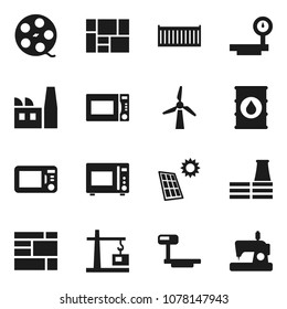 Flat vector icon set - microwave oven vector, sea container, consolidated cargo, oil barrel, big scales, film spool, solar panel, windmill, construction crane, factory, sewing machine