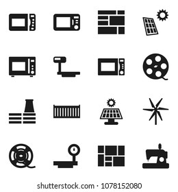 Flat vector icon set - microwave oven vector, sea container, consolidated cargo, big scales, film spool, solar panel, windmill, factory, sewing machine