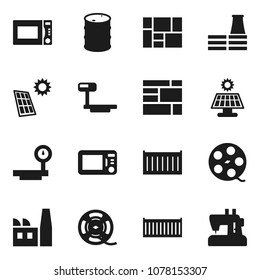 Flat vector icon set - microwave oven vector, sea container, consolidated cargo, oil barrel, big scales, film spool, solar panel, factory, sewing machine
