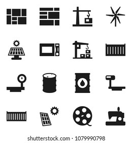 Flat vector icon set - microwave oven vector, sea container, consolidated cargo, oil barrel, big scales, film spool, solar panel, windmill, construction crane, sewing machine