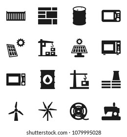 Flat vector icon set - microwave oven vector, sea container, consolidated cargo, oil barrel, film spool, solar panel, windmill, construction crane, factory, sewing machine