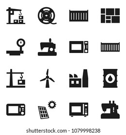 Flat vector icon set - microwave oven vector, sea container, consolidated cargo, oil barrel, big scales, film spool, solar panel, windmill, construction crane, factory, sewing machine