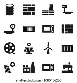 Flat vector icon set - microwave oven vector, sea container, consolidated cargo, oil barrel, big scales, film spool, solar panel, windmill, factory, sewing machine