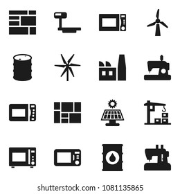 Flat vector icon set - microwave oven vector, consolidated cargo, oil barrel, big scales, solar panel, windmill, construction crane, factory, sewing machine