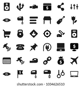 Flat vector icon set - mixer vector, money bag, target, dollar flag, calendar, monitor, measuring, weight, molecule, gymnast rings, plane, tulip, flammable, satellitie, settings, notebook pc, link