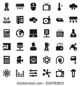 Flat vector icon set - mixer vector, thermometer, atom, calculator, flask, molecule, earth, satellite, radio, tv, equalizer, video camera, notebook pc, network server, cloud lock, exchange, document