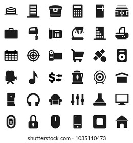 Flat vector icon set - mixer vector, case, table lamp, calculator, music, exchange, calendar, stadium, target, satellite, dry cargo, settings, video camera, mobile phone, headphones, monitor, cart