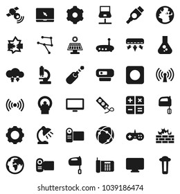 Flat vector icon set - mixer vector, table lamp, flask, earth, satellitie, monitor, notebook pc, rec button, hdmi, jack, microscope, tomography, connection, network, disconnection, cloud exchange