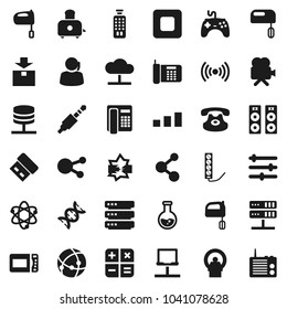 Flat vector icon set - mixer vector, toaster, atom, flask, molecule, support, package, sorting, gamepad, video camera, remote control, classic phone, social media, stop button, jack, dna, tomography