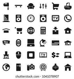 Flat vector icon set - mixer vector, table lamp, notebook pc, exchange, calculator, clock, skateboard, target, stadium, earth, calendar, dry cargo, package, settings, tv, speaker, stop button, globe