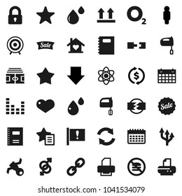Flat vector icon set - mixer vector, copybook, atom, exchange, man, arrow down, stadium, target, calendar, no fastfood, oxygen, attention, satellite, top sign, equalizer, link, favorites, heart