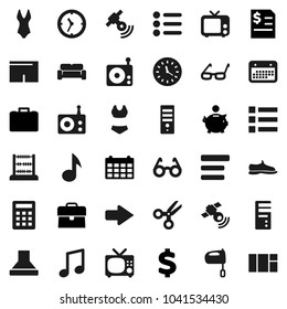 Flat vector icon set - mixer vector, glasses, scissors, abacus, music, piggy bank, case, annual report, calendar, dollar sign, snickers, shorts, swimsuite, clock, radio, satellitie, tv, menu, arrow
