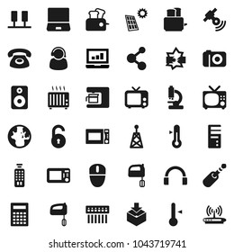 Flat vector icon set - mixer vector, toaster, microwave oven, thermometer, calculator, world, laptop graph, molecule, package, antenna, satellitie, tv, remote control, headphones, notebook pc, jack