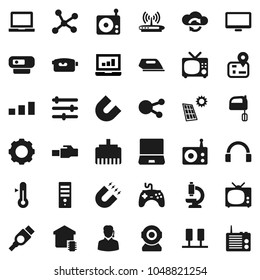 Flat vector icon set - mixer vector, thermometer, notebook pc, magnet, laptop graph, navigator, sorting, radio, gamepad, video camera, headphones, monitor, social media, hdmi, microscope, network