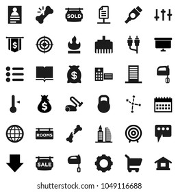 Flat vector icon set - mixer vector, thermometer, book, personal information, constellation, money bag, target, arrow down, presentation board, dollar flag, calendar, weight, flammable, settings