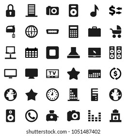Flat vector icon set - mixer vector, case, calculator, music, world, exchange, clock, calendar, earth, camera, equalizer, tv, internet, monitor, notebook pc, speaker, stop button, hdmi, network