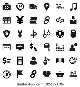 Flat vector icon set - mixer vector, calculator, music, flag, exchange, dollar coin, cursor, yen sign, boxing glove, swimsuite, calendar, first aid kit, gymnast rings, route, map pin, phone 24, link