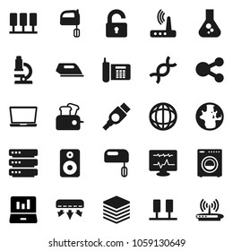 Flat vector icon set - mixer vector, microscope, world, flask, laptop graph, phone, speaker, hdmi, dna, diagnostic monitor, server, big data, router, share, unlock, washer, air conditioner, iron