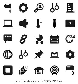 Flat vector icon set - mixer vector, thermometer, backpack, notebook pc, world, target, tie, cereals, gymnast rings, warehouse, speaker, thumbtack, stop button, gear, message, chain, office building