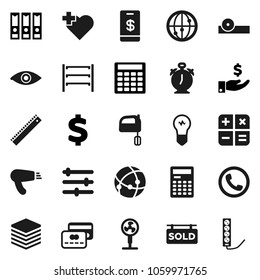 Flat vector icon set - mixer vector, ruler, calculator, alarm clock, investment, binder, dollar sign, heart cross, shelving, internet, eye, doctor hat, connection, big data, equalizer, phone, fan