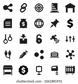 Flat vector icon set - mixer vector, presentation, world, document, dollar medal, sign, target, gymnast rings, warehouse, package, satellitie, settings, social media, link, thumbtack, rca, syringe