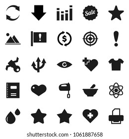 Flat vector icon set - mixer vector, copybook, atom, exchange, arrow down, target, heart cross, attention, satellite, equalizer, favorites, eye, mortar, blood drop, refresh, route, mountain, star