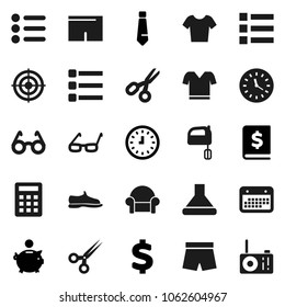 Flat vector icon set - mixer vector, glasses, scissors, piggy bank, annual report, clock, tie, dollar sign, snickers, shorts, t shirt, target, calendar, menu, cushioned furniture, calculator, hood