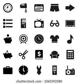 Flat vector icon set - mixer vector, glasses, music, piggy bank, case, annual report, clock, shorts, swimsuite, t shirt, target, calendar, scissors, menu, arrow, cushioned furniture, tv, calculator