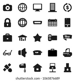 Flat vector icon set - mixer vector, glasses, case, world, exchange, calendar, satellite, camera, speaker, video, internet, mobile phone, monitor, hdmi, notebook network, barn, lock, building, new