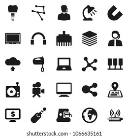 Flat vector icon set - mixer vector, table lamp, notebook pc, magnet, monitor dollar, navigator, earth, support, radio, video camera, headphones, jack, tooth implant, network, server, big data, tv
