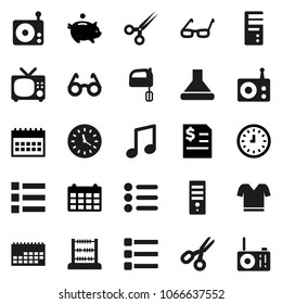 Flat vector icon set - mixer vector, glasses, scissors, abacus, music, piggy bank, annual report, clock, calendar, t shirt, radio, menu, hood, computer, tv