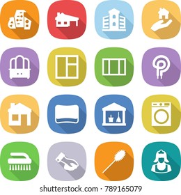 flat vector icon set - modern architecture vector, house with garage, building, real estate, dresser, window, elecric oven, sponge, utility room, washing machine, brush, wiping, duster, cleaner