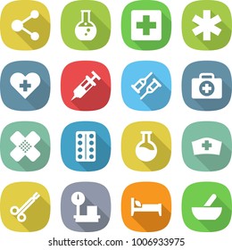 flat vector icon set - molecule vector, round flask, medical cross, ambulance star, heart, syringe, crutch, doctor case, patch, pills blister, hat, surgical clamp, warehouse scales, bed, mortar