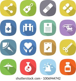 flat vector icon set - molecule vector, medical label, patch, pill, pills bottle, test vial, recipe, ambulance helicopter, sperm, health care, roentgen, surgical clamp, sign, chemical, siren