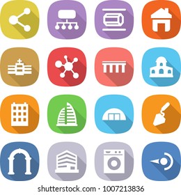flat vector icon set - molecule vector, structure, nano tube, home, hospital, virus, bridge, mansion, building, skyscraper, hangare, construction, arch, office, washing machine, photon