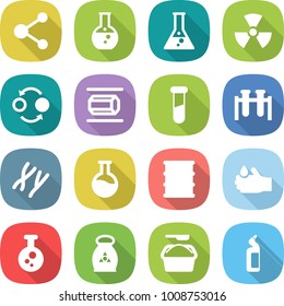 flat vector icon set - molecule vector, round flask, nuclear, quantum bond, nano tube, test vial, chromosomes, barrel, acid, chemical, fertilizer, washing powder, toilet cleanser