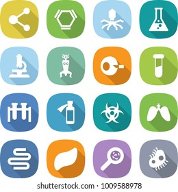 flat vector icon set - molecule vector, hex, virus, flask, microscope, dna modify, artificial insemination, test vial, potion bottle, biohazard, lungs, intestines, liver, viruses, microb