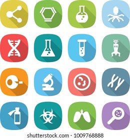 flat vector icon set - molecule vector, hex, round flask, virus, dna, vial, modify, artificial insemination, microscope, microbe, chromosomes, potion bottle, biohazard, lungs, viruses