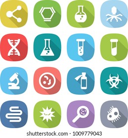 flat vector icon set - molecule vector, hex, round flask, virus, dna, vial, test, microscope, microbe, potion bottle, biohazard, intestines, viruses, microb